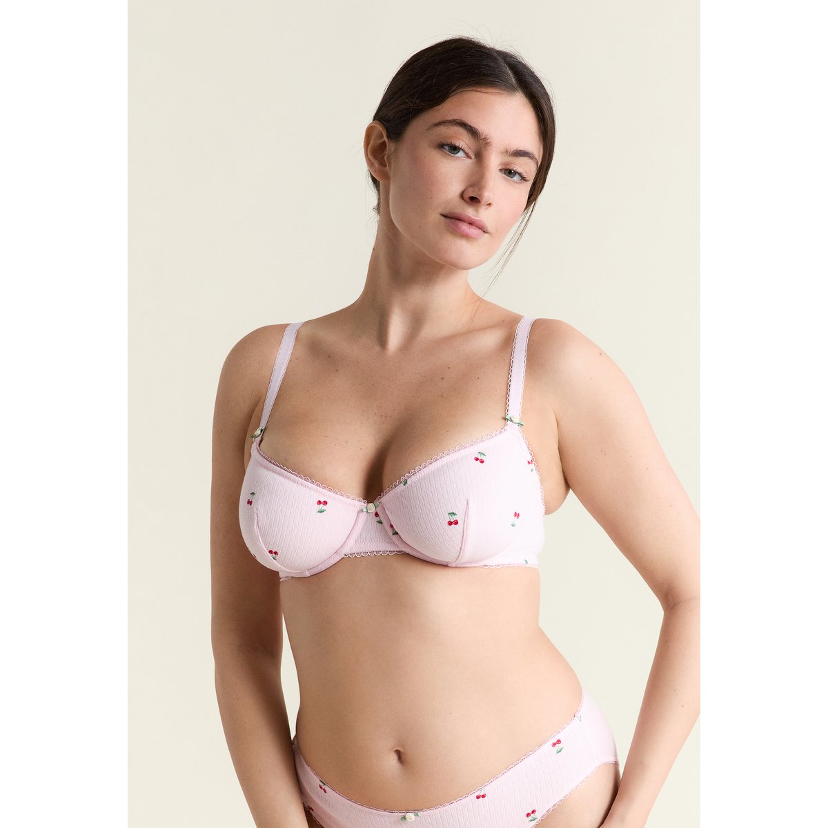 Soutien-gorge balconnet en coton pointelle à motifs SLEEPOVER imp fond rose, ETAM