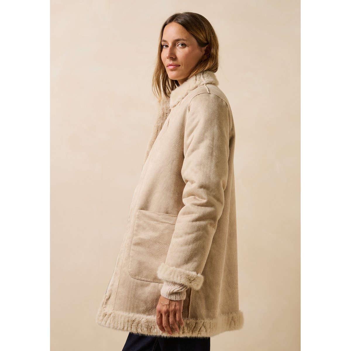 Manteau mi-long col rond en imitation fourrure ecru, LA FEE MARABOUTEE