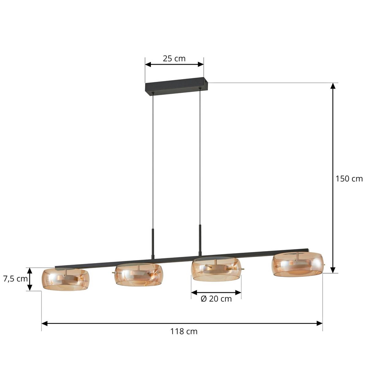 Suspension en verre moderneLED, Martis noir, laiton, ambre, LUCANDE