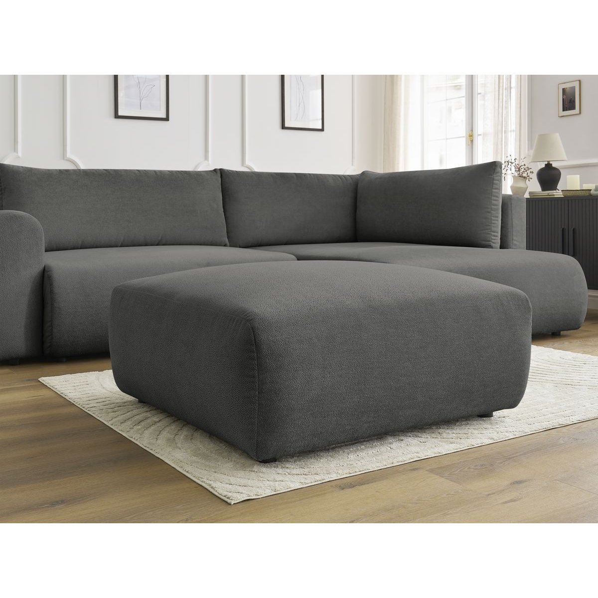 Canapé d'angle convertible 4 places en tissu lisse avec pouf, LUCIEN gris foncé, BOBOCHIC