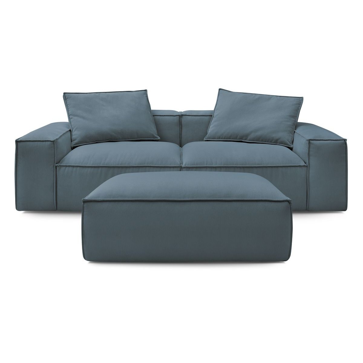 Canapé droit fixe 3 places en velours côtelé avec pouf, BOHEME bleu foncé, BOBOCHIC