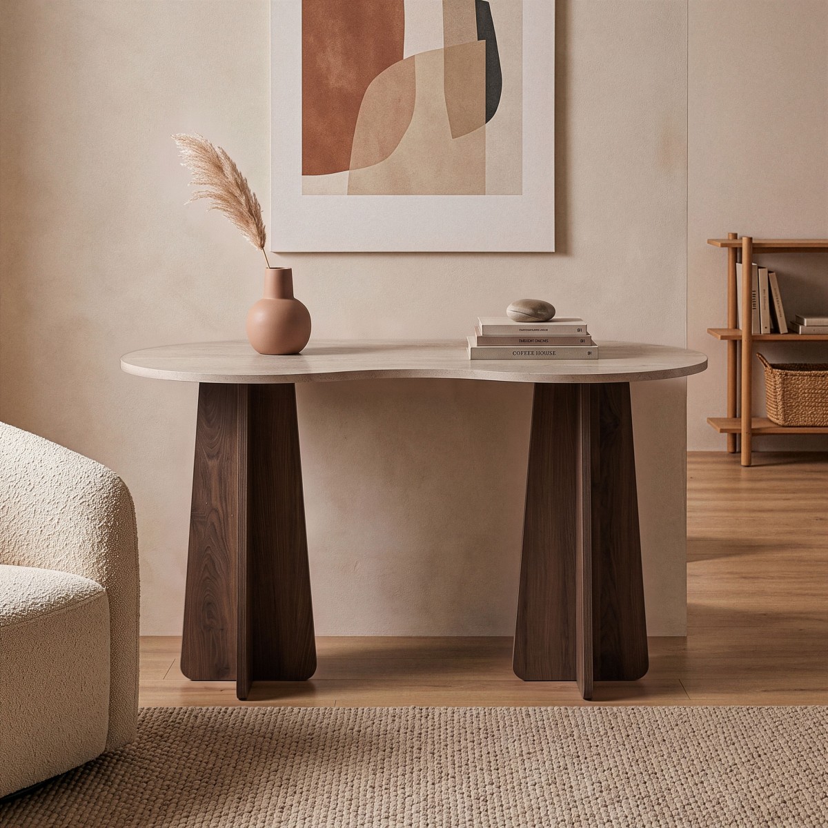 Bureau avec plateau forme organique COMO noyer / travertin, CALICOSY