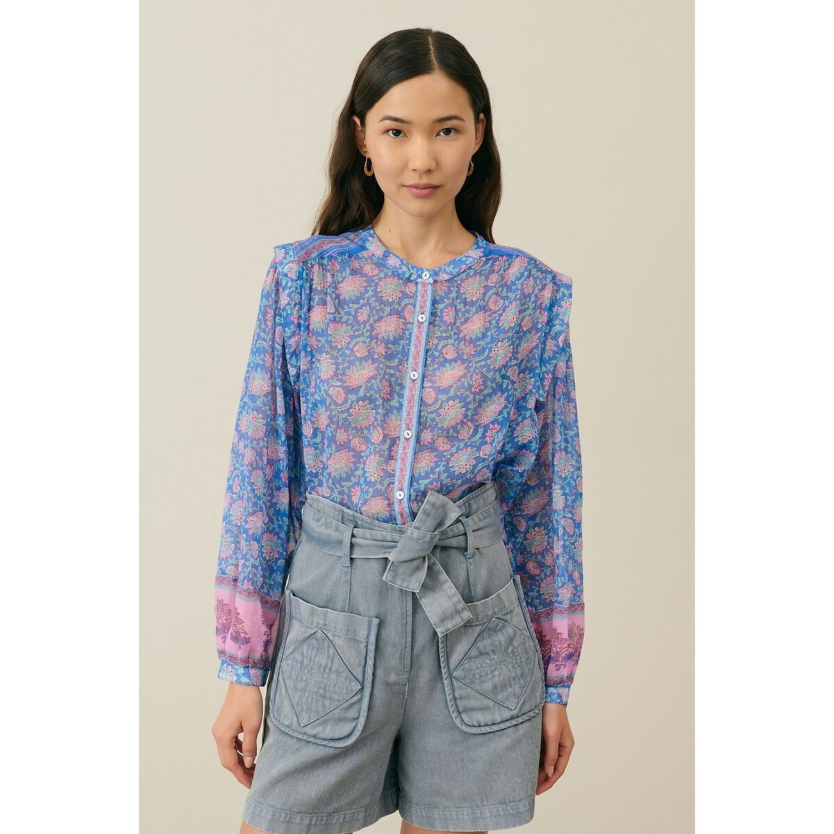 Jane Printed Blouse with Crew Neck and Long Sleeves blue print, LOUISE MISHA
