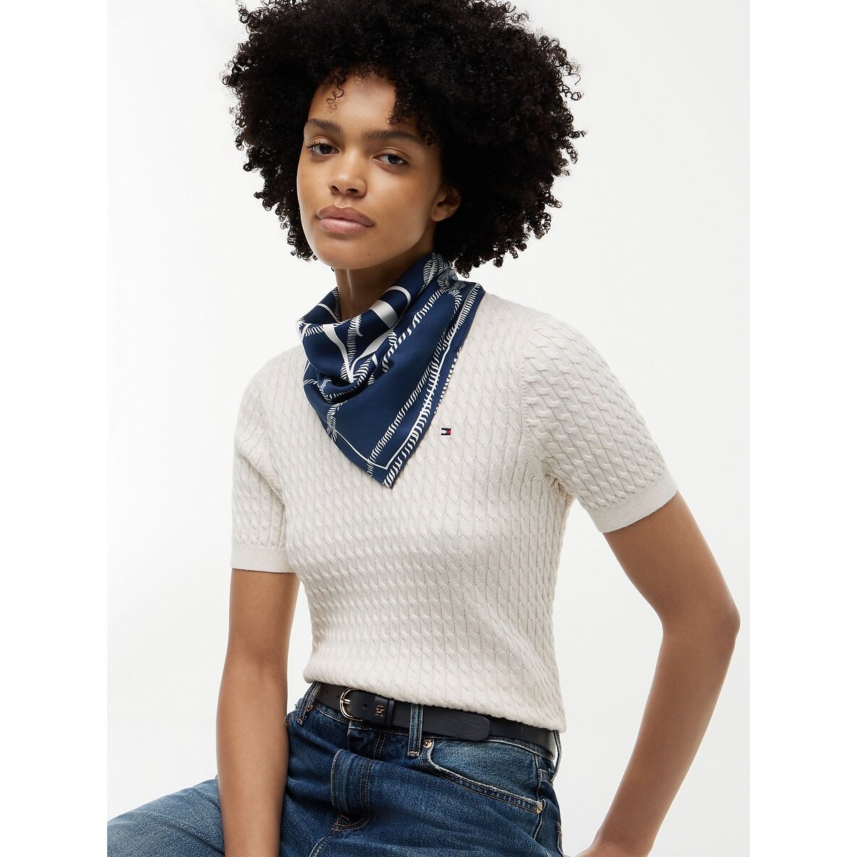 Lenço quadrado em seda estampado marinho, TOMMY HILFIGER