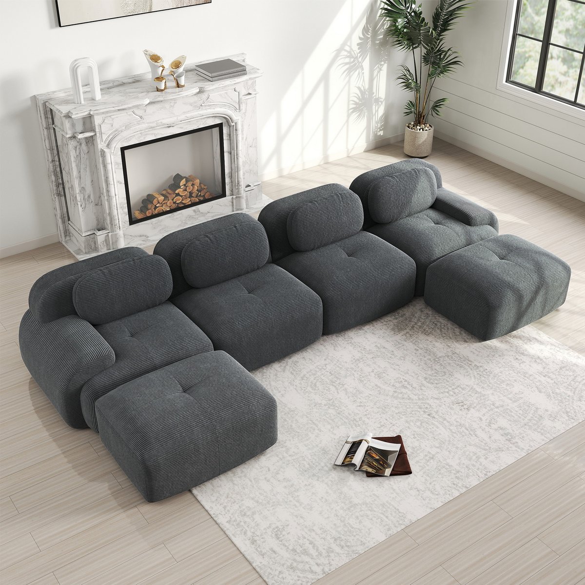 Canapé droit 4 places avec 2 poufs en velours côtelé, SNOW gris, MEUBLES COSY