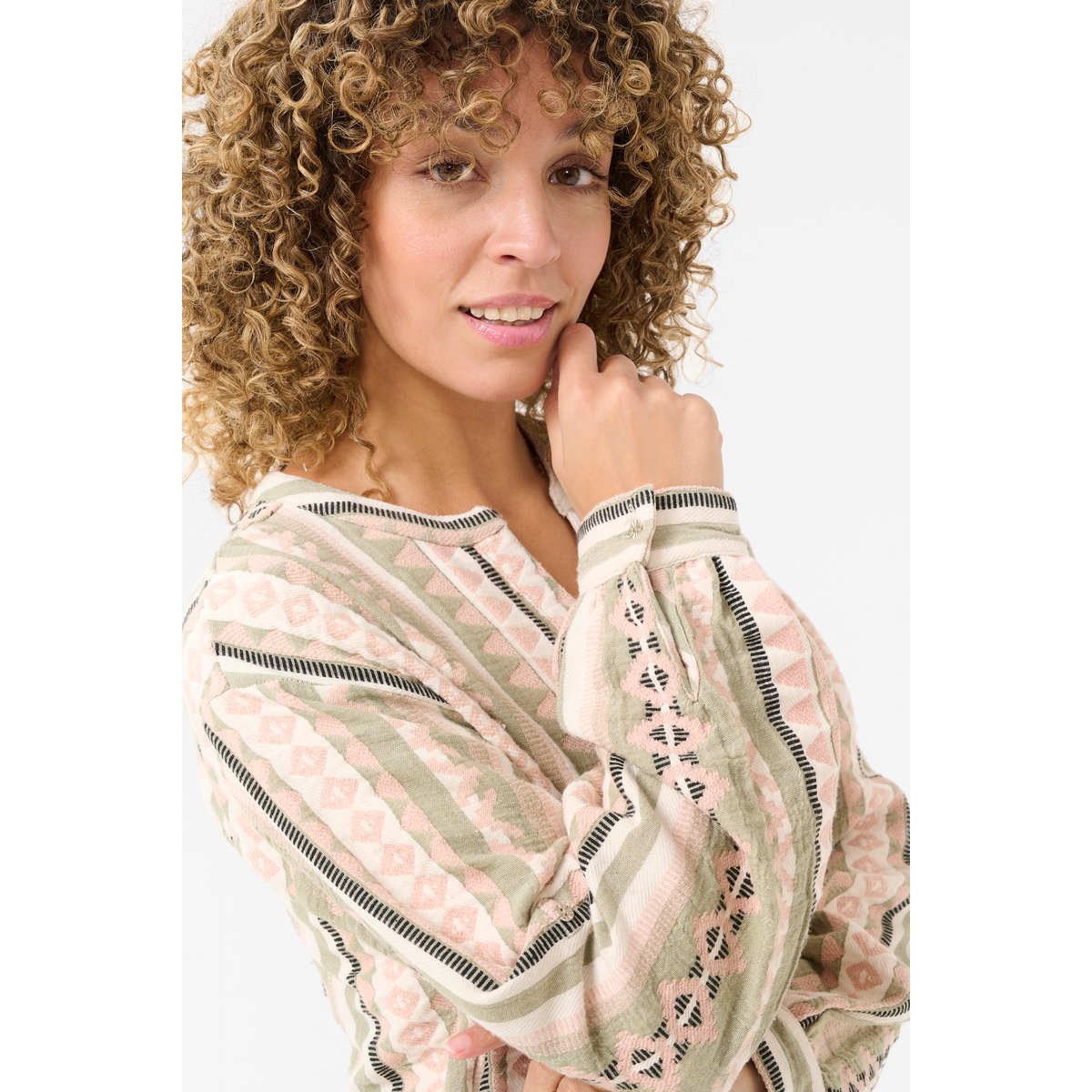 Blouse with short sleeve multicolore jacquard  tea jaquard, CREAM