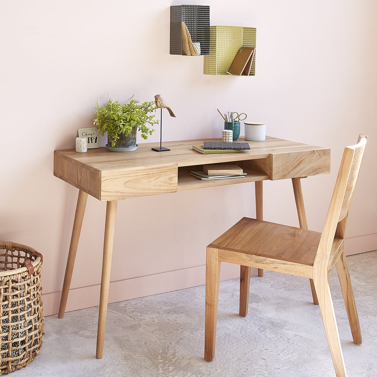 Bureau en bois de teck 120 cm 2 tiroirs ISAURE naturel, BERAH GETAH