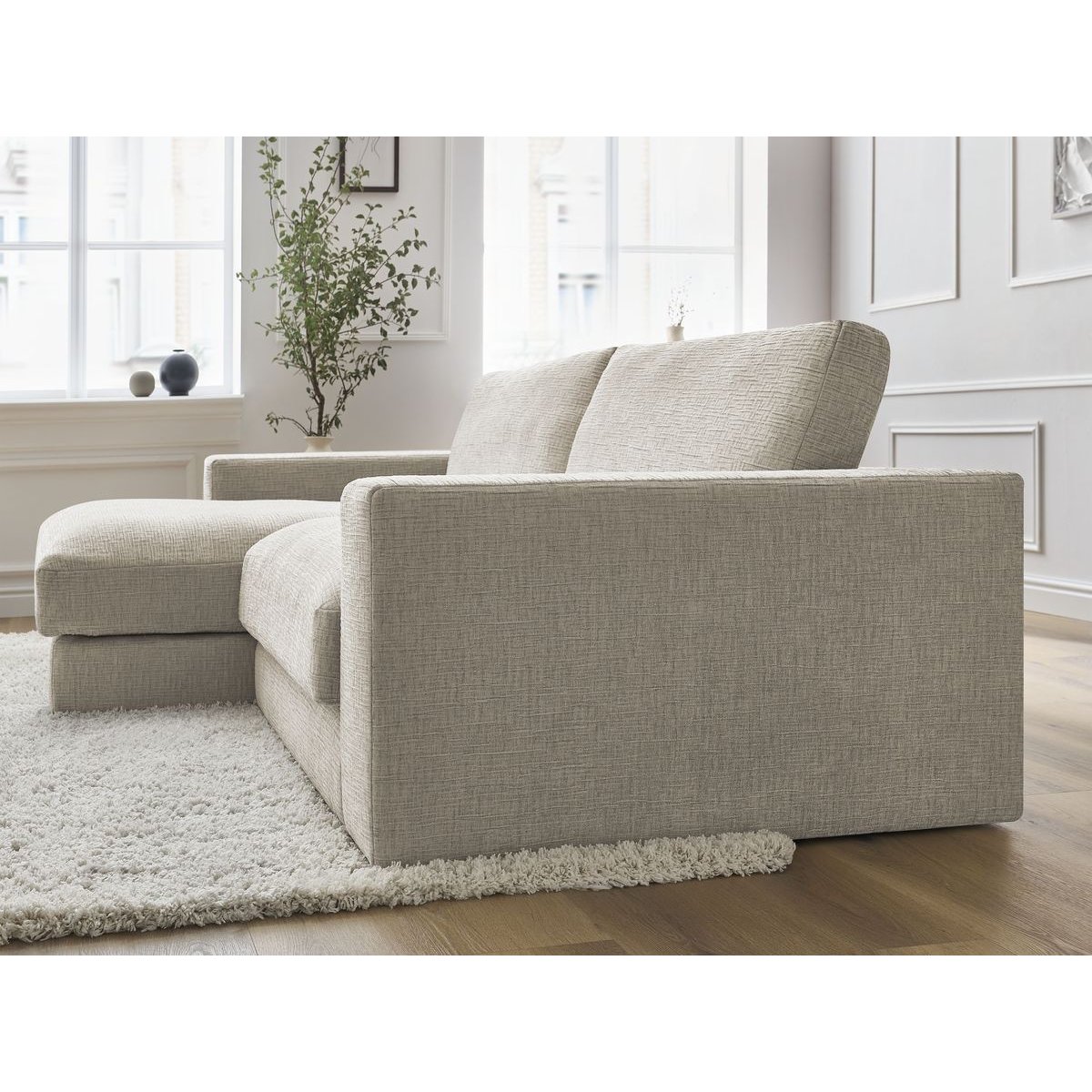 Canapé d'angle fixe 4 places en tissu texturé, LEONARD beige, BOBOCHIC