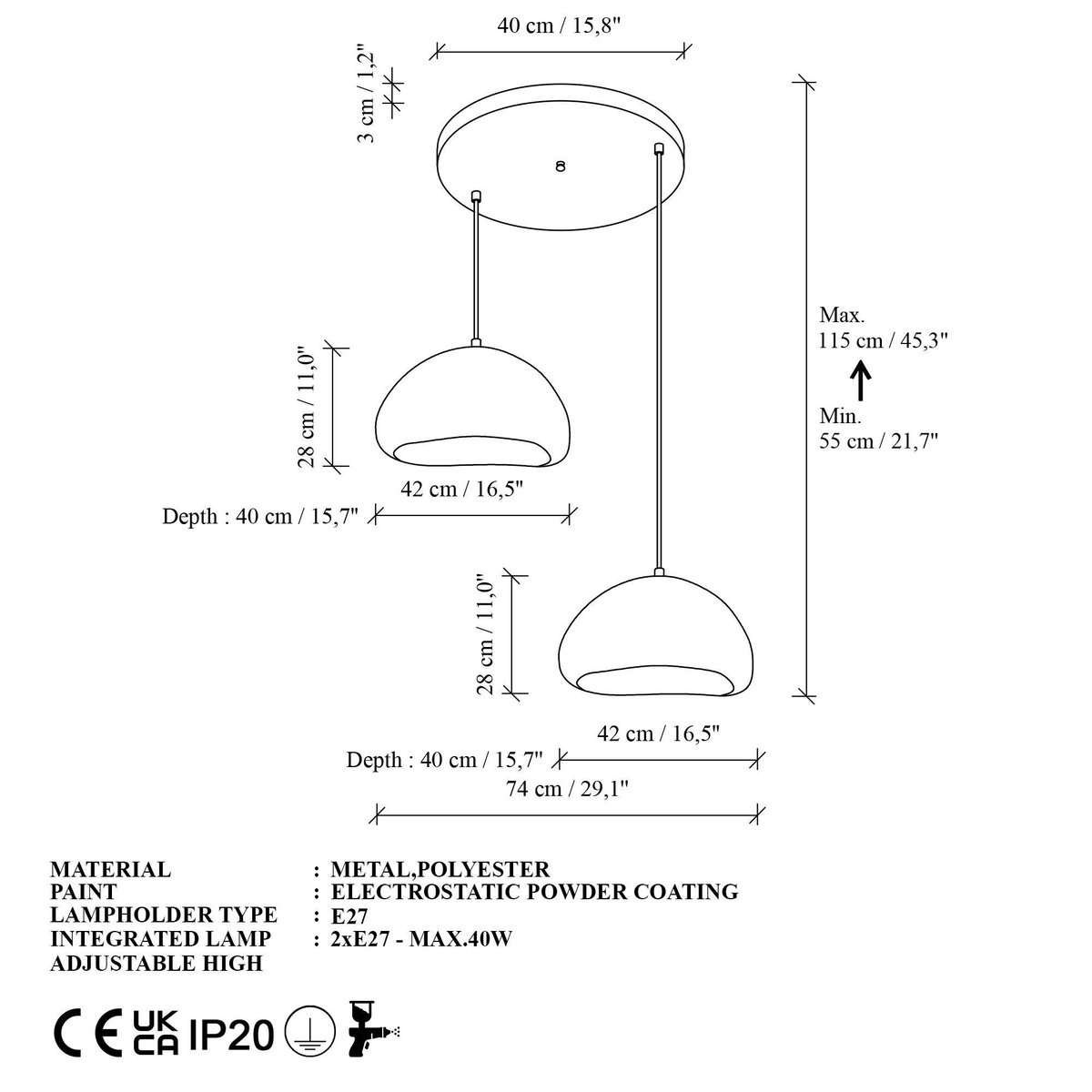 Suspension blanche design organique 2 abat-jour 74 cm NOXIS blanc, PIER IMPORT