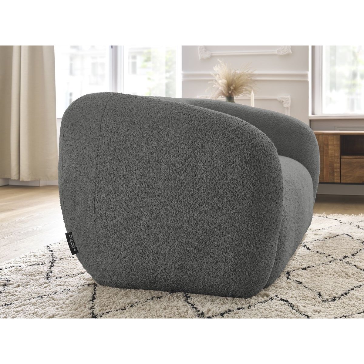 Canapé droit fixe 2 places en tissu bouclette, CELINE gris foncé, BOBOCHIC