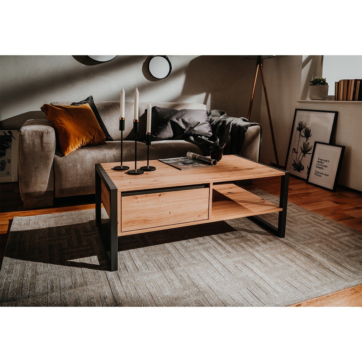 Table Basse avec Tiroir L100 cm - DENVER chêne artisan / gris, CALICOSY