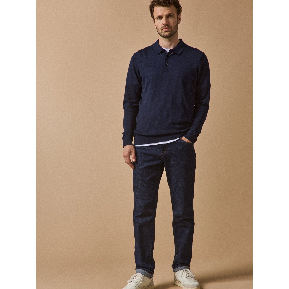 Pull fin col polo laine mérinos encre, CYRILLUS