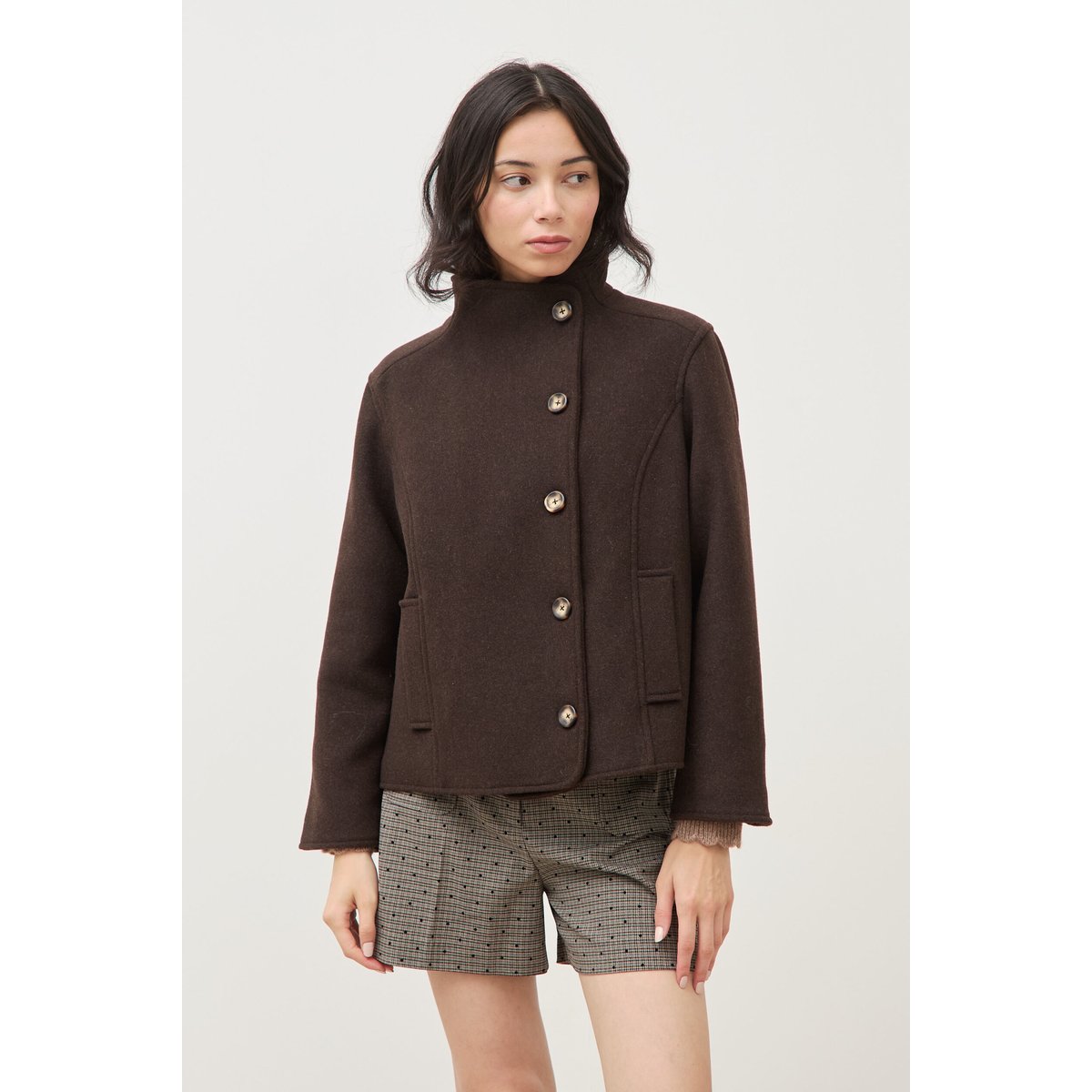 Veste oversize courte col tailleur marron foncé, BONOBO