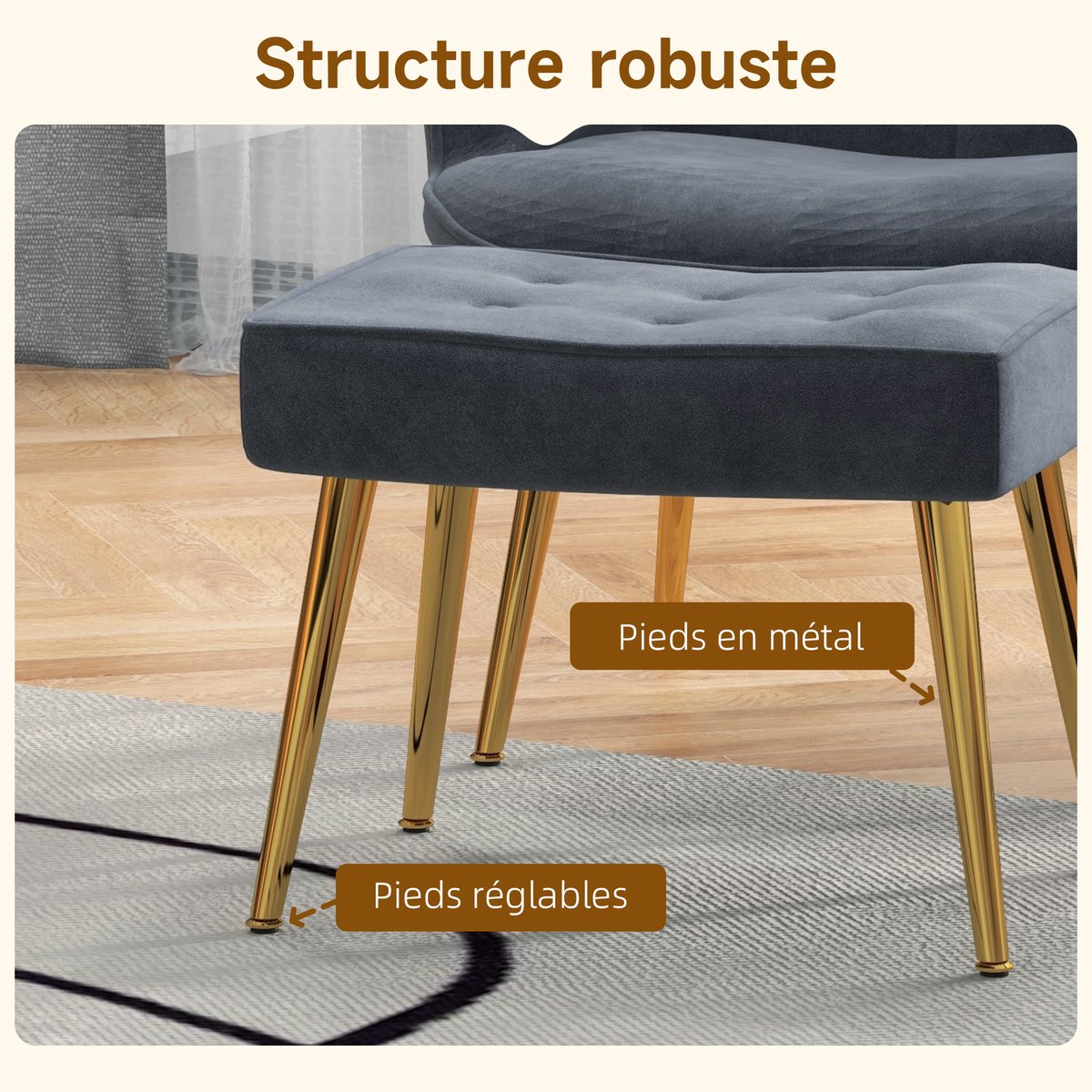 Fauteuil d'appoint avec repose-pieds Velours gris foncé, pieds dorés, HOMCOM