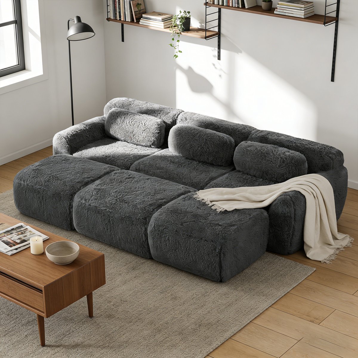 Canapé d'angle réversible 3 places avec 3 poufs, WIND gris charbon, MEUBLES COSY