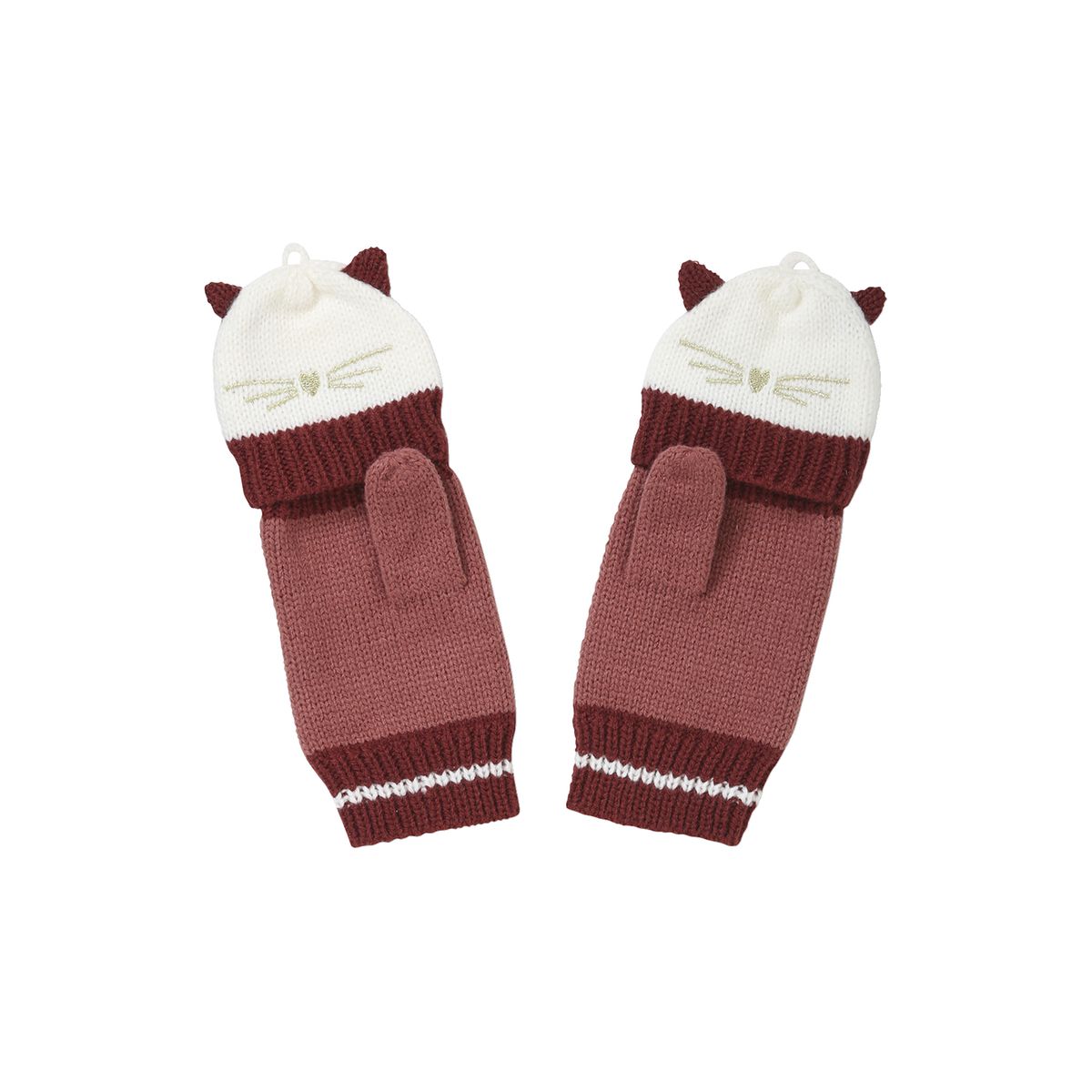 Moufles/mitaines en maille brodées chat rose foncé, VERTBAUDET