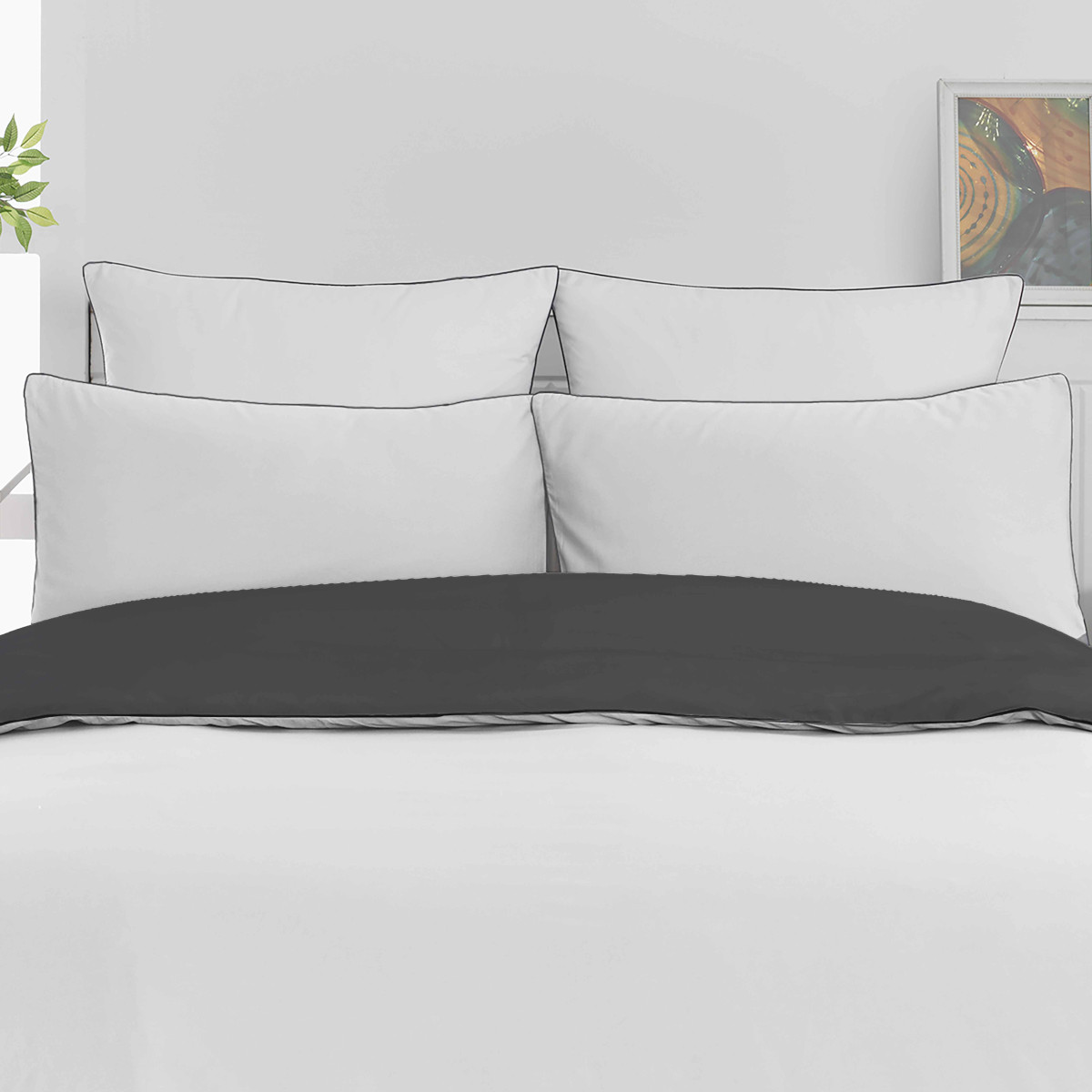 Parure housse de couette percale de coton avec 2 taies 65x65 cm ROSE WOOD BICOLORE blanc/anthracite, SENSEI MAISON