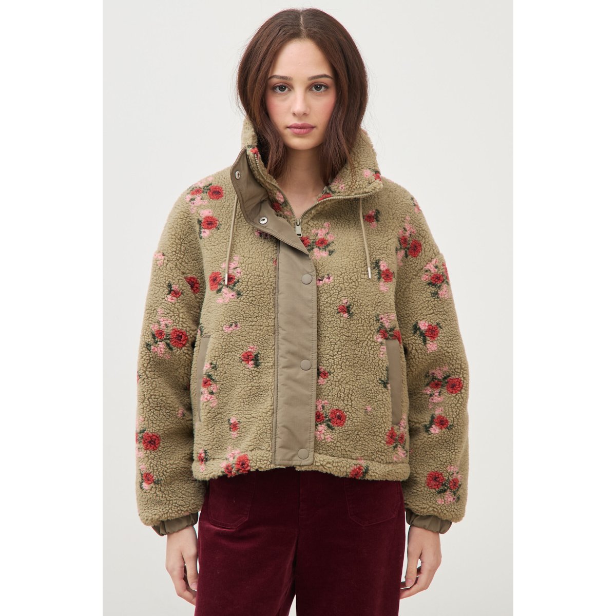 Blouson oversize sherpa col montant vert, BONOBO