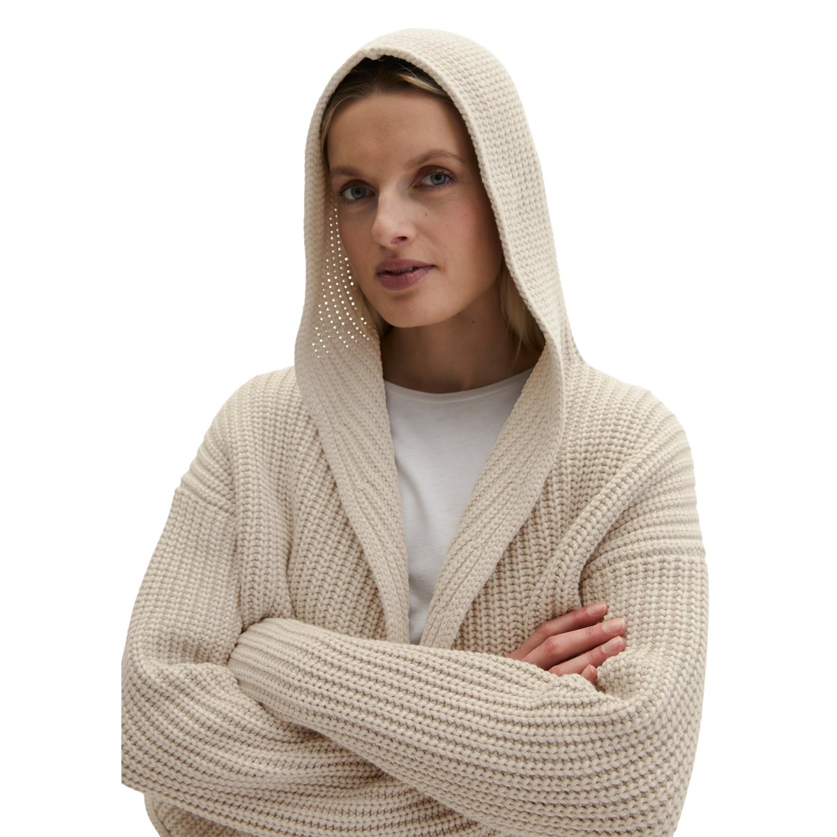 Cardigan à capuche oversize en doux mélange de coton organique gris clair, MARC O'POLO