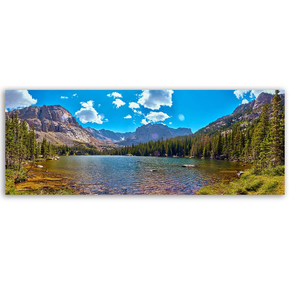 Tableau panoramique lac alpin et forêt sous ciel bleu toile imprimée, HEXOA