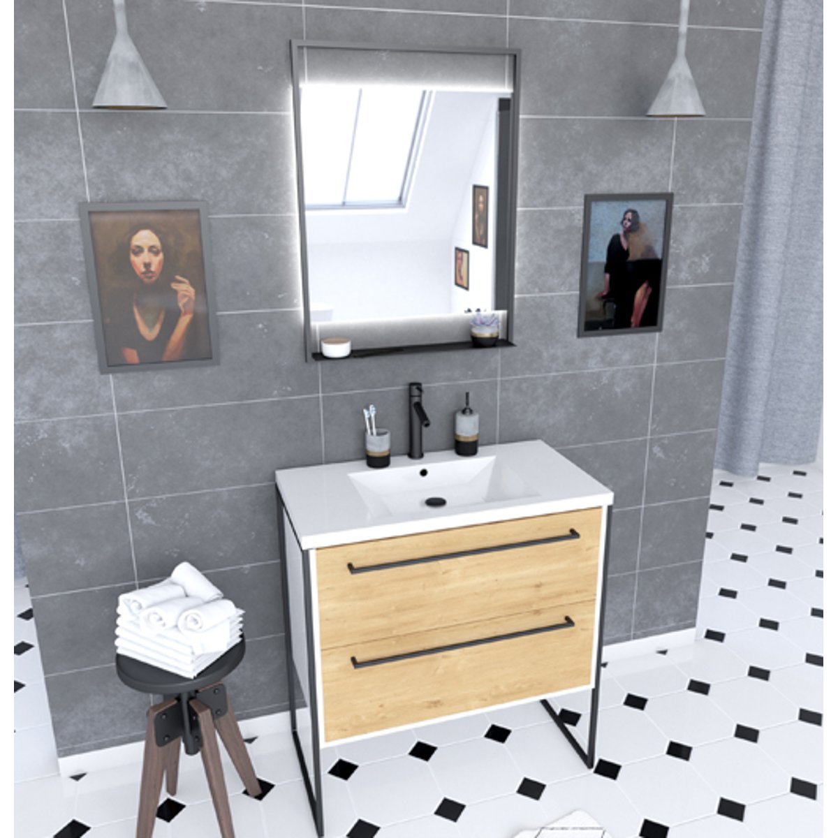 Ensemble meuble à 2 tiroirs, vasque et miroir à led blanc, HOME MAISON