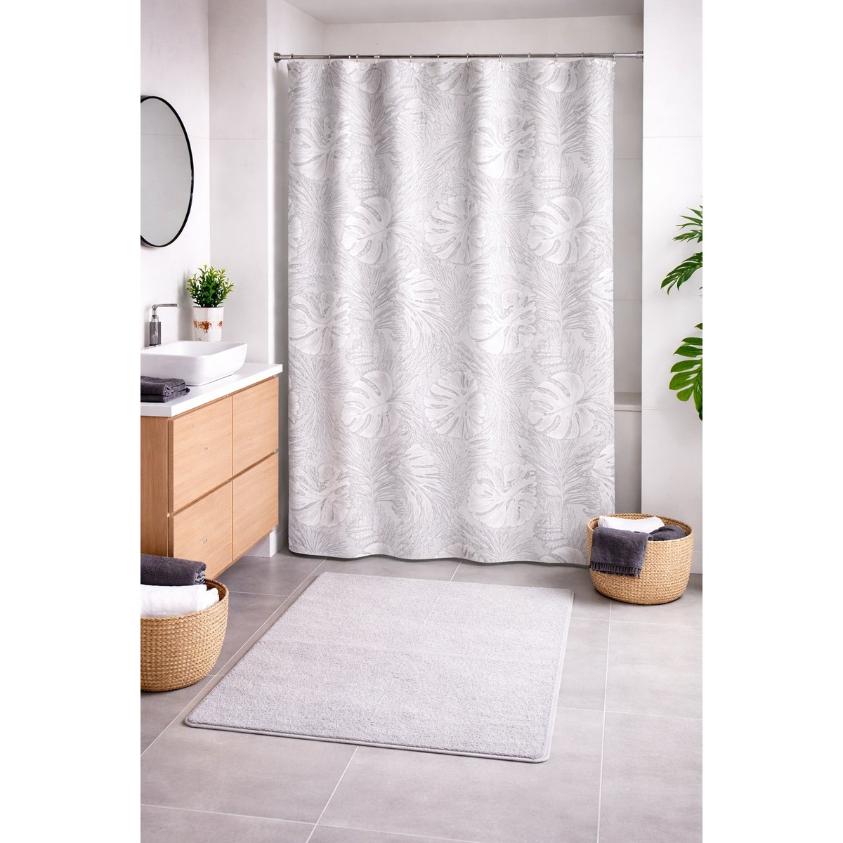 Rideau de douche motif feuillage blanc, EDEN