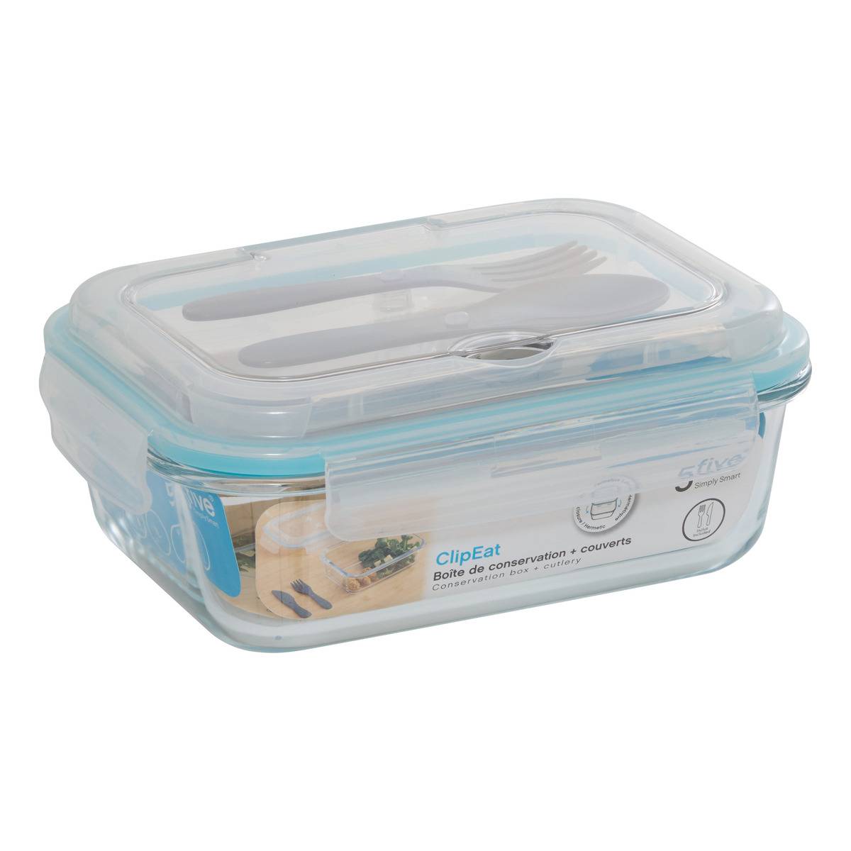Lunch box en verre avec couverts CLIPEAT VERRE transparent, 5FIVE SIMPLY SMART