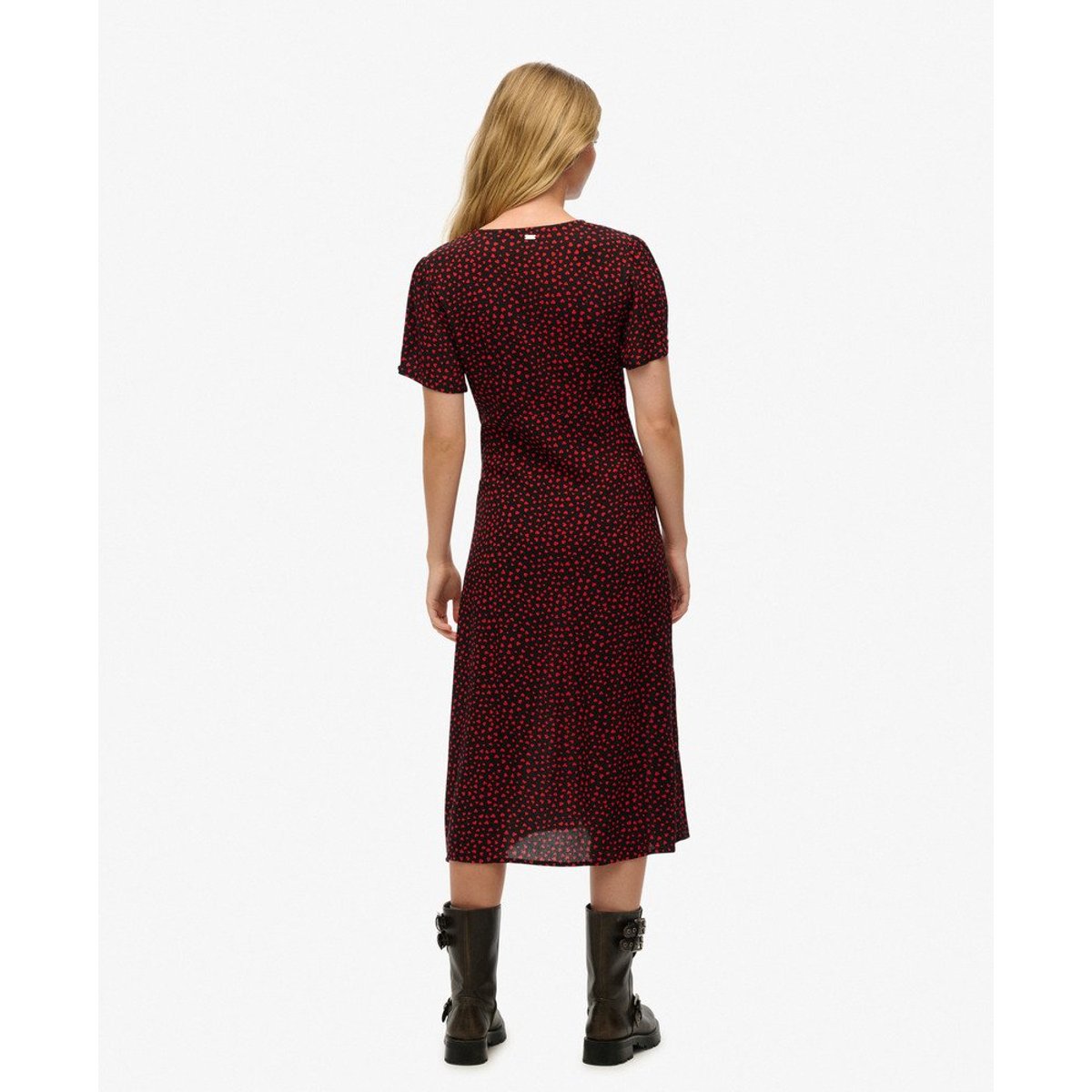 Robe mi-longue imprimée boutonnée à manches courtes cœurs rouges, SUPERDRY