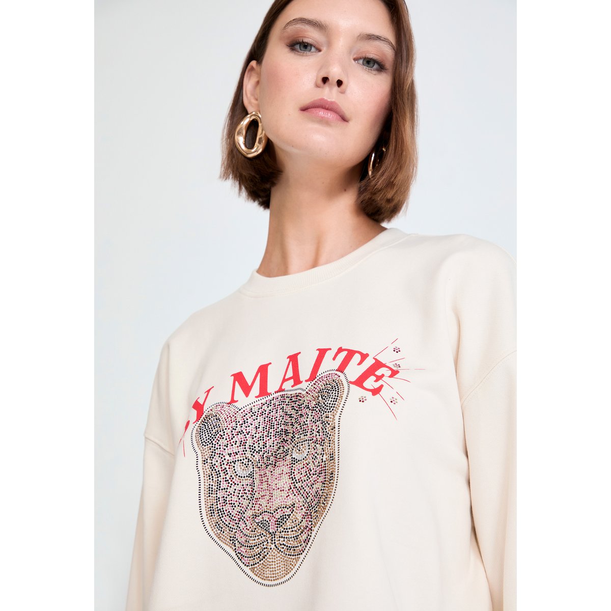 Sweat imprimé panthère à strass en coton ecru, LOLA CASADEMUNT