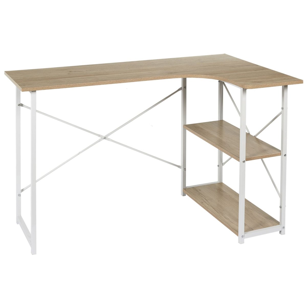 Bureau d'angle 2 étagères design industriel JOB blanc, THE HOME DECO FACTORY