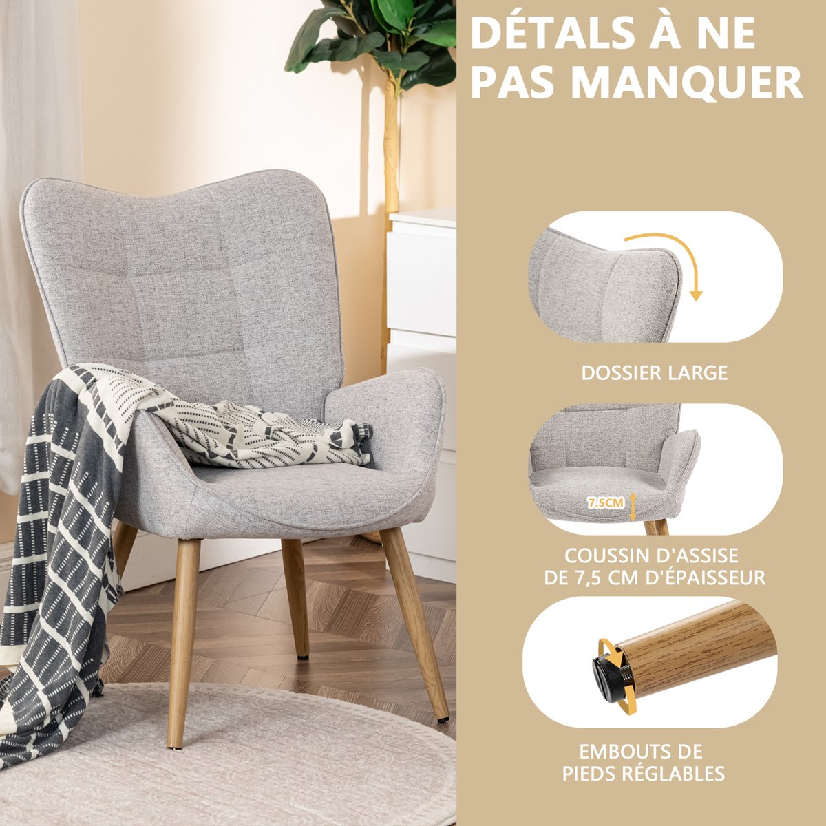 Fauteuil confortable bas style scandinave dossier moyen assise confortable pieds métal effet bois, KANAS gris clair, MEUBLES COSY