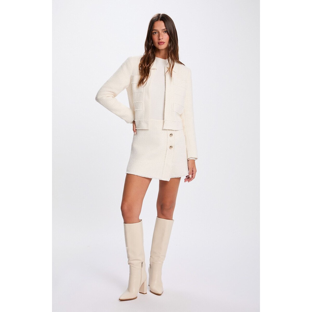 Falda corta de tweed crudo, MORGAN