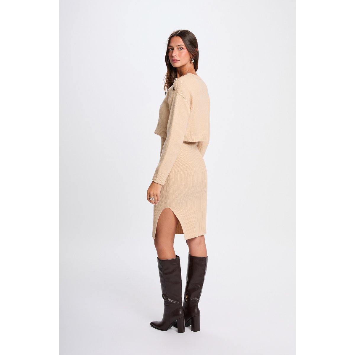 Robe tricot ajustée 2-en-1 beige, MORGAN