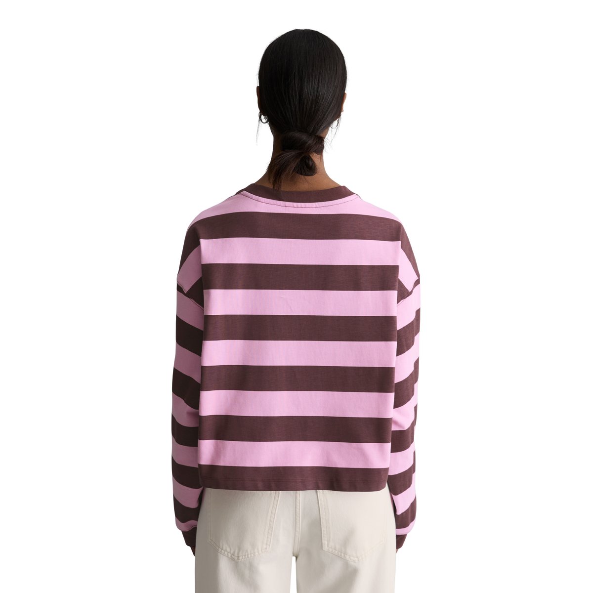T-shirt long rayé relaxed en jersey lourd rouge foncé, MARC O’POLO DENIM