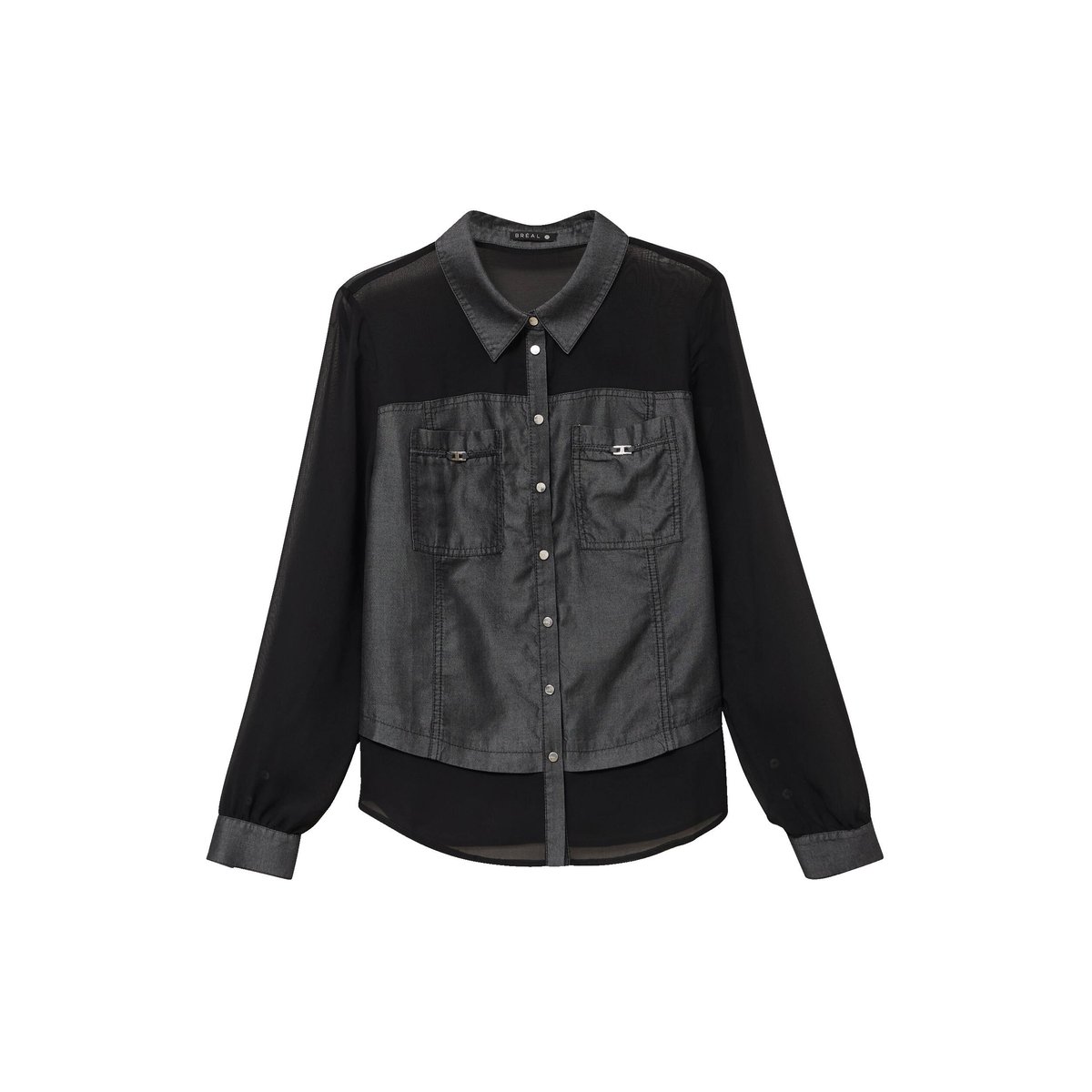 Chemise bi-matière manches longues denim gris, BREAL