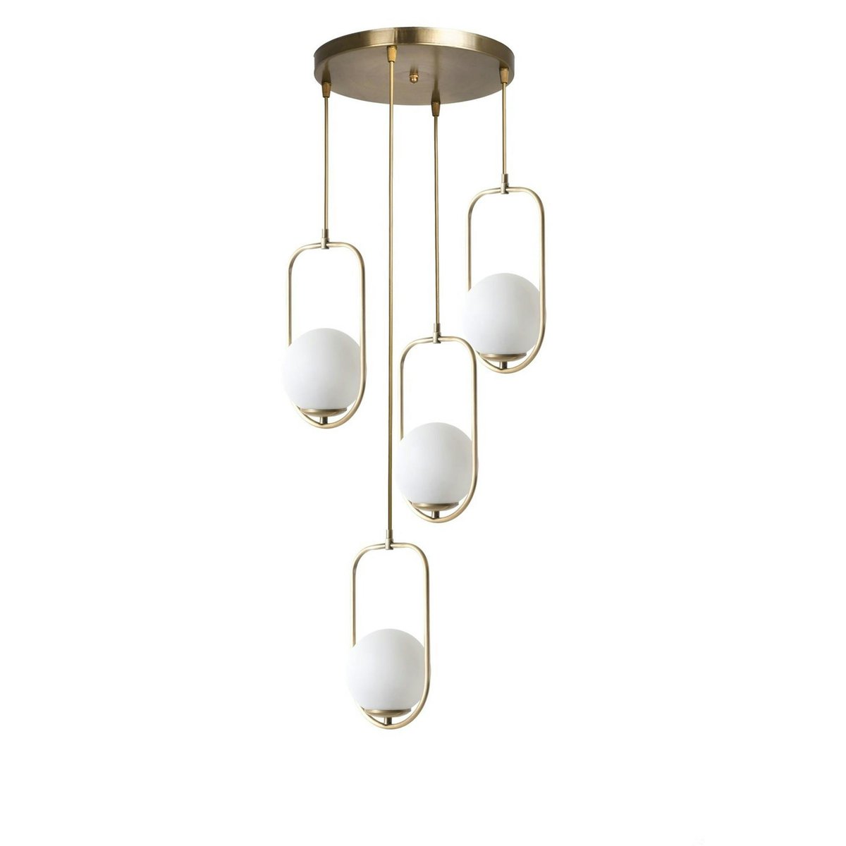 Suspension vintage cuivrée 4 globes blancs sur cadres SIERRE doré, PIER IMPORT
