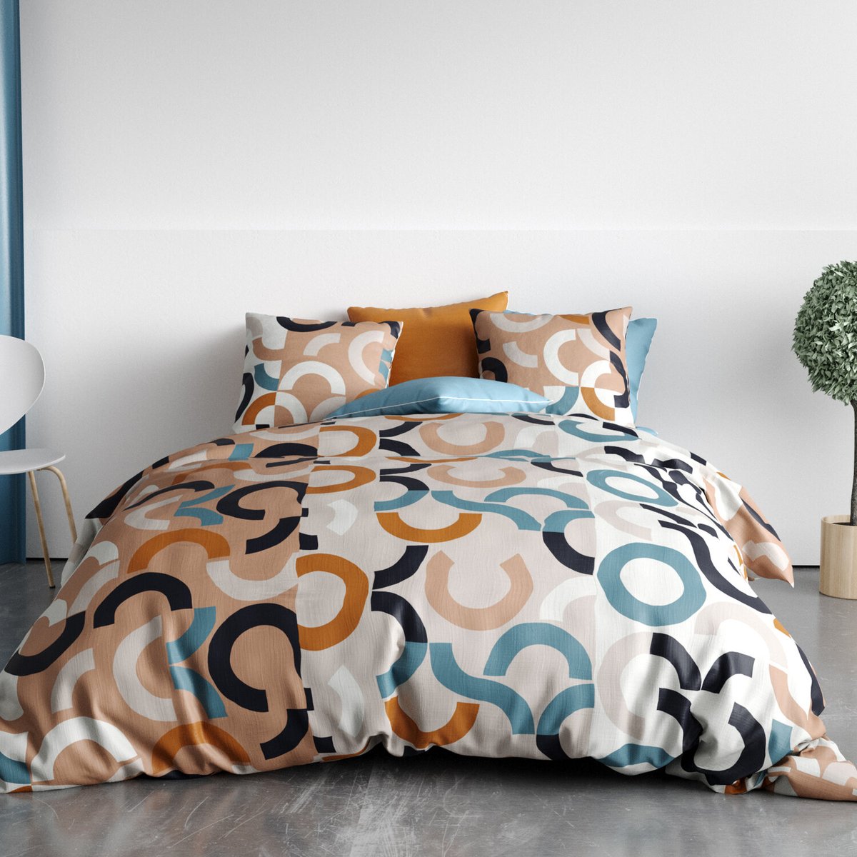 Parure housse de couette coton 57fils, igor bleu, ATELIER DU COTON