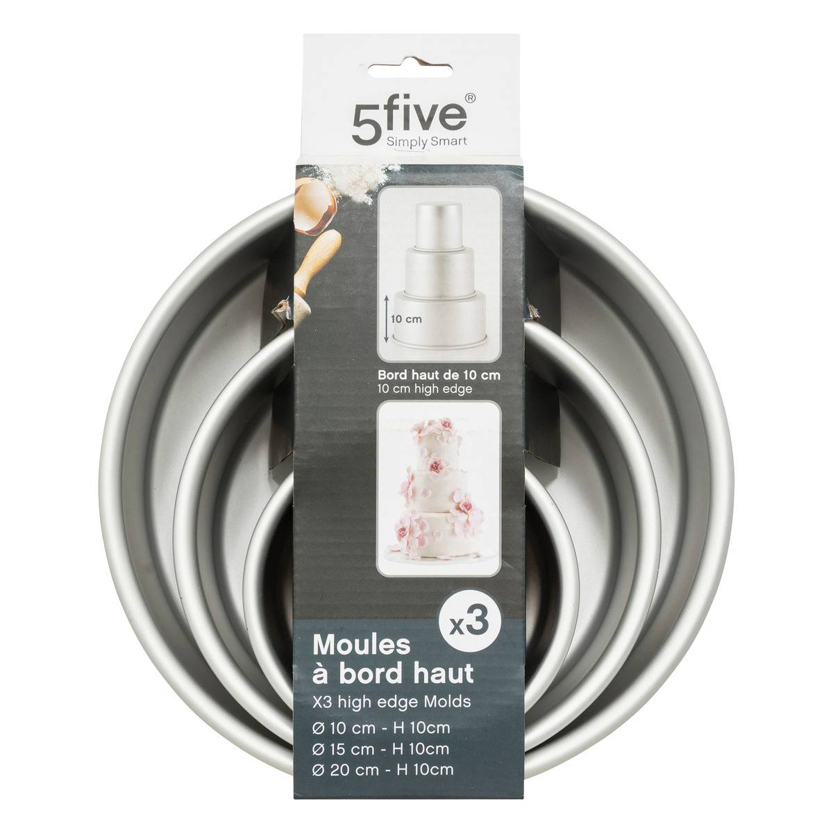 Lot 3 moules à gâteaux bord haut ESSENTIELS argent, 5FIVE SIMPLY SMART