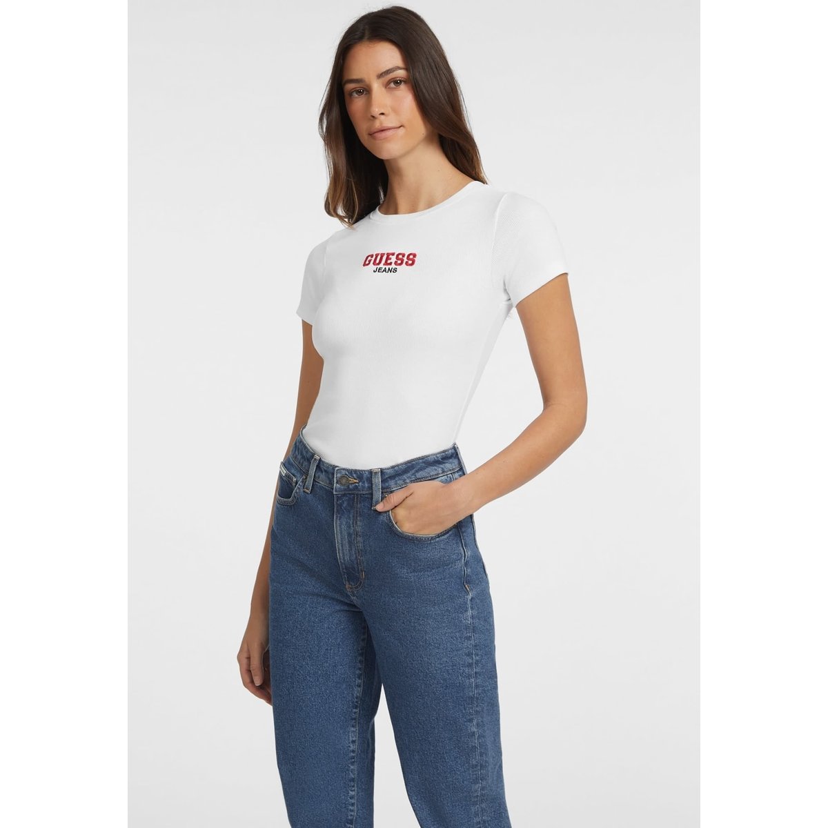 T-Shirt Slim Maille Côtelée Brodé blanc, GUESS JEANS