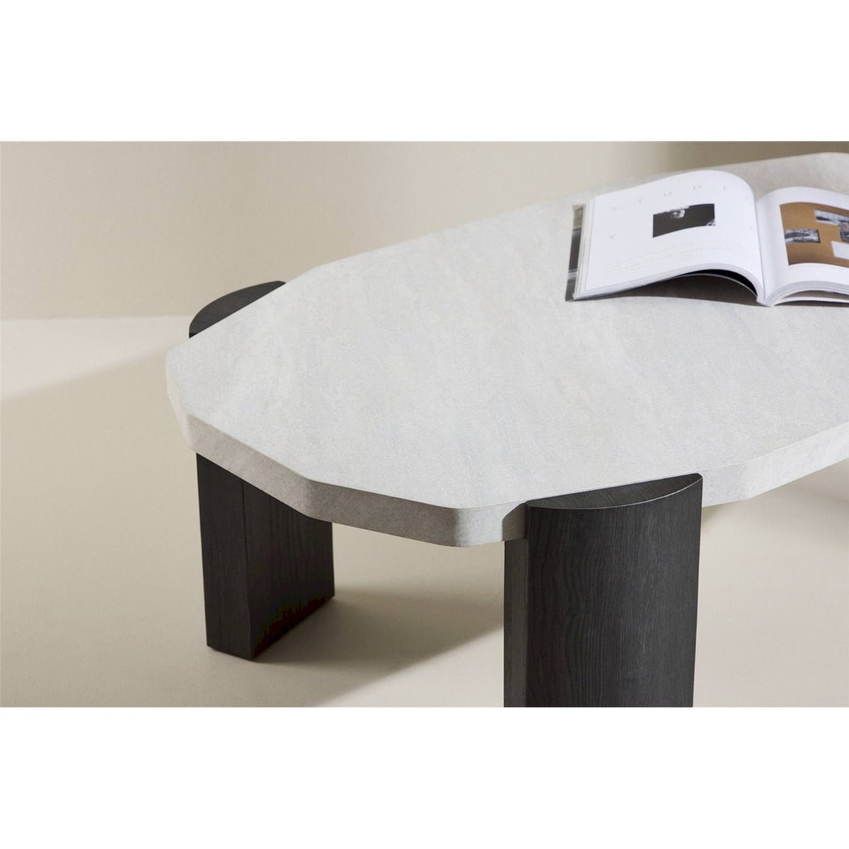 Table basse arrondie en bois collection KRES gris clair et chêne noir, RECOLLECTION