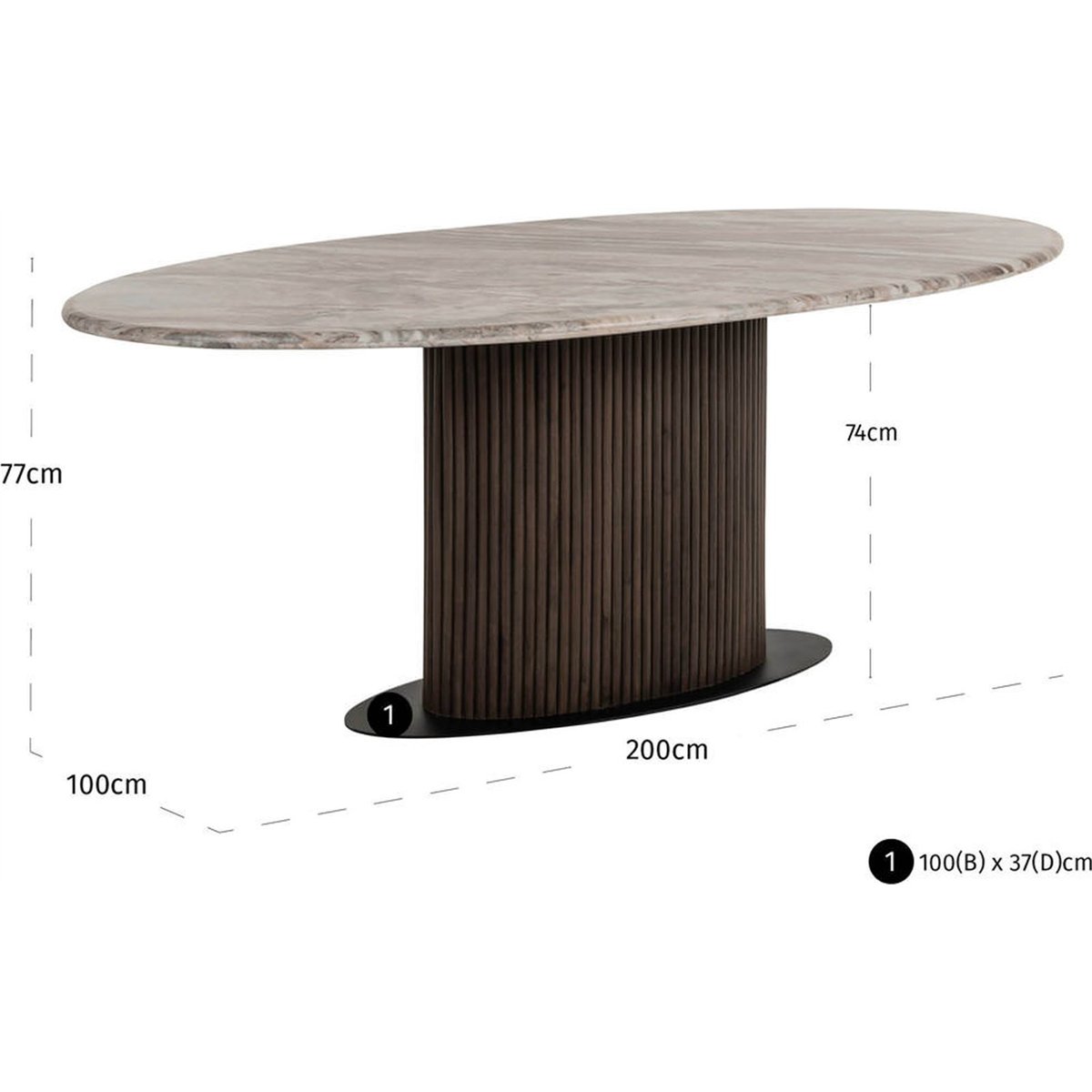 Table à manger ovale en marbre piètement cannelé beige blush et bois foncé, RECOLLECTION