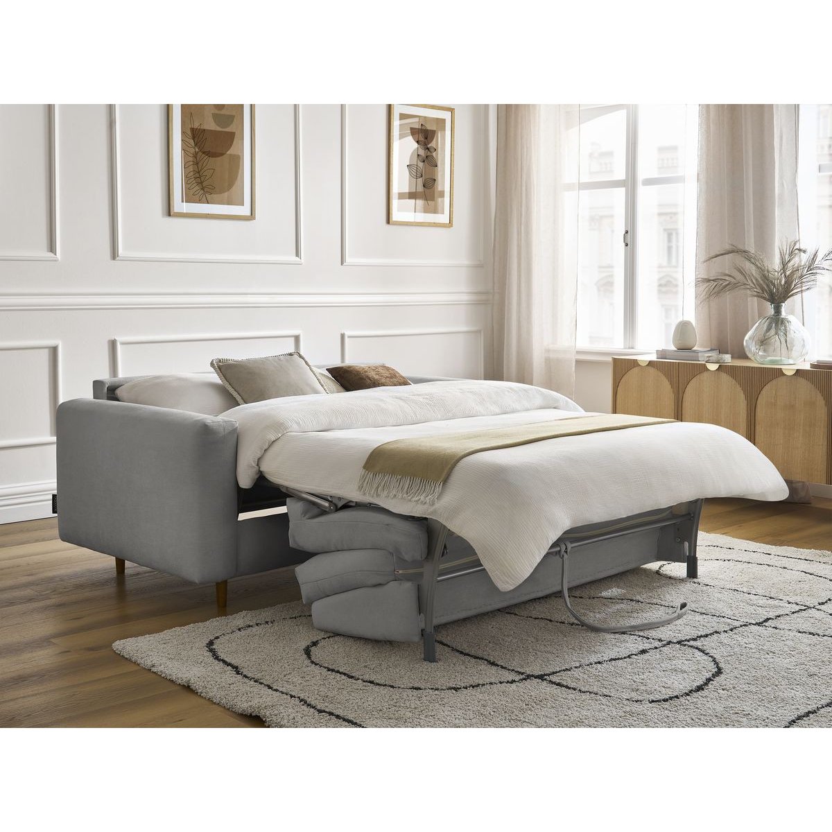 Canapé droit convertible 3 places en tissu lisse couchage 140x200 cm, COCOONE gris, BOBOCHIC