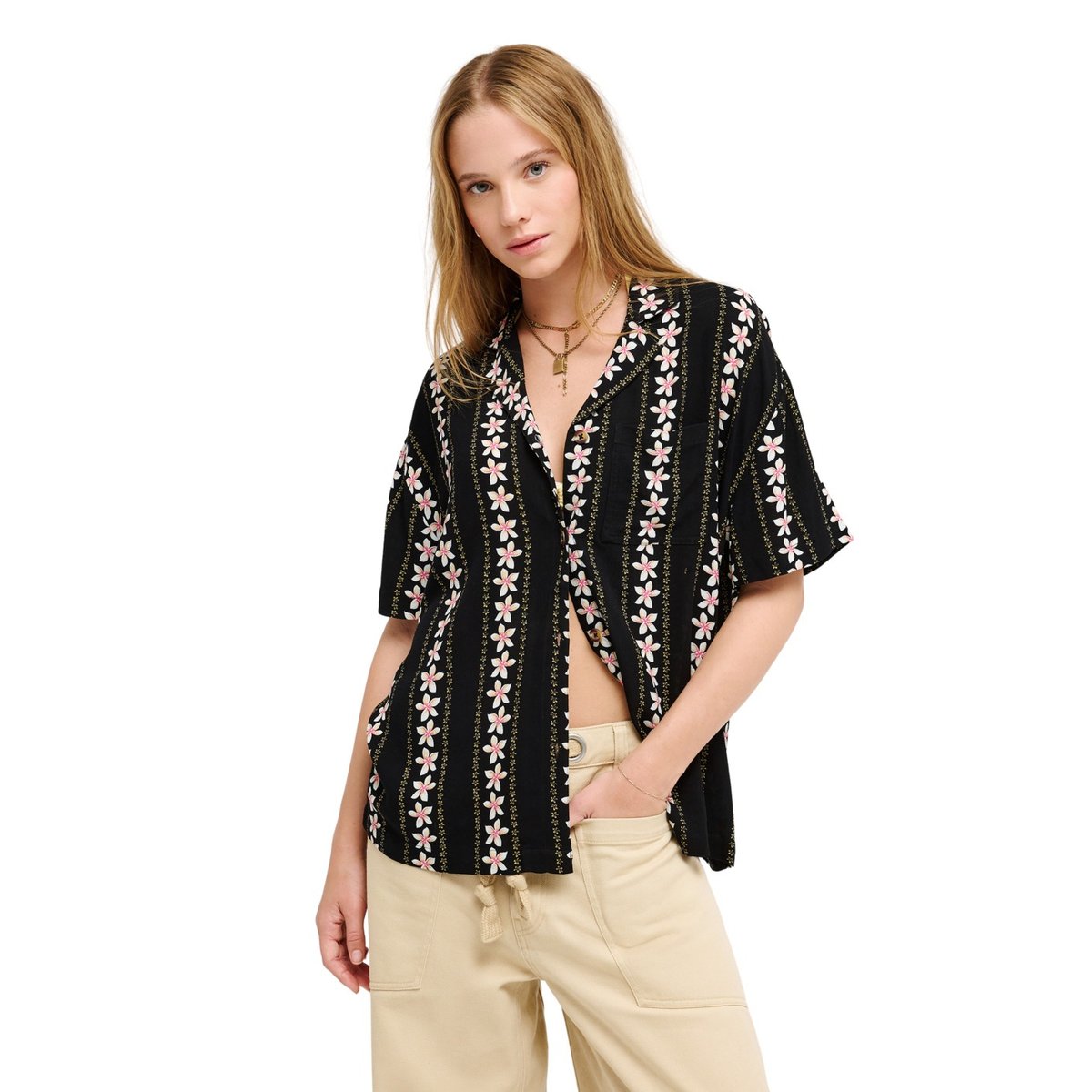 Chemise manches courtes CRAZY VAHINI. noir anthracite hibiscus real strip, ROXY
