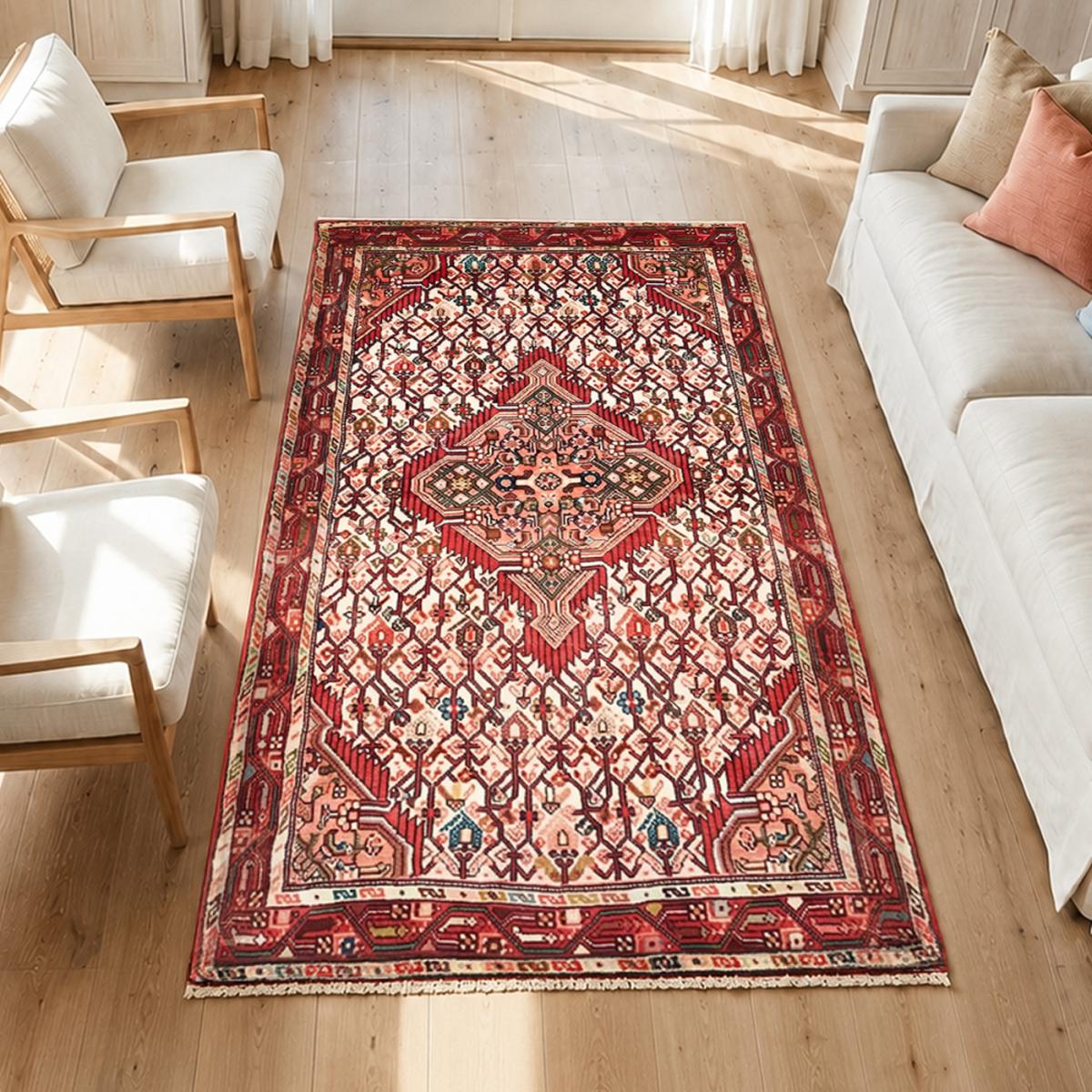 Tapis d'orient, motif oriental noué main en laine, HAMADAN 11 rouge, crème, marron, UN AMOUR DE TAPIS