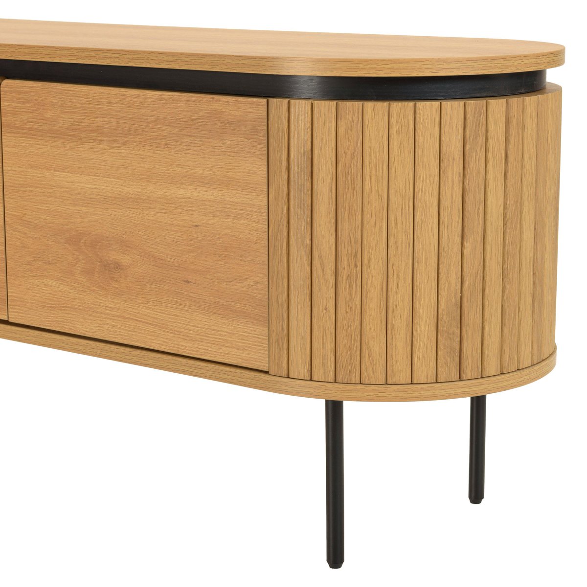 Meuble TV arrondi couleur naturelle 4 portes et pieds métal noir ELTON bois naturel, PIER IMPORT