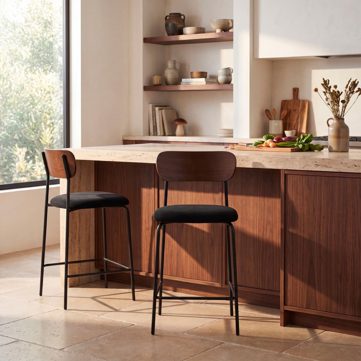 Lot de 2 chaises de bar bois foncé velours côtelé et métal H65cm- JESS noir, DRAWER