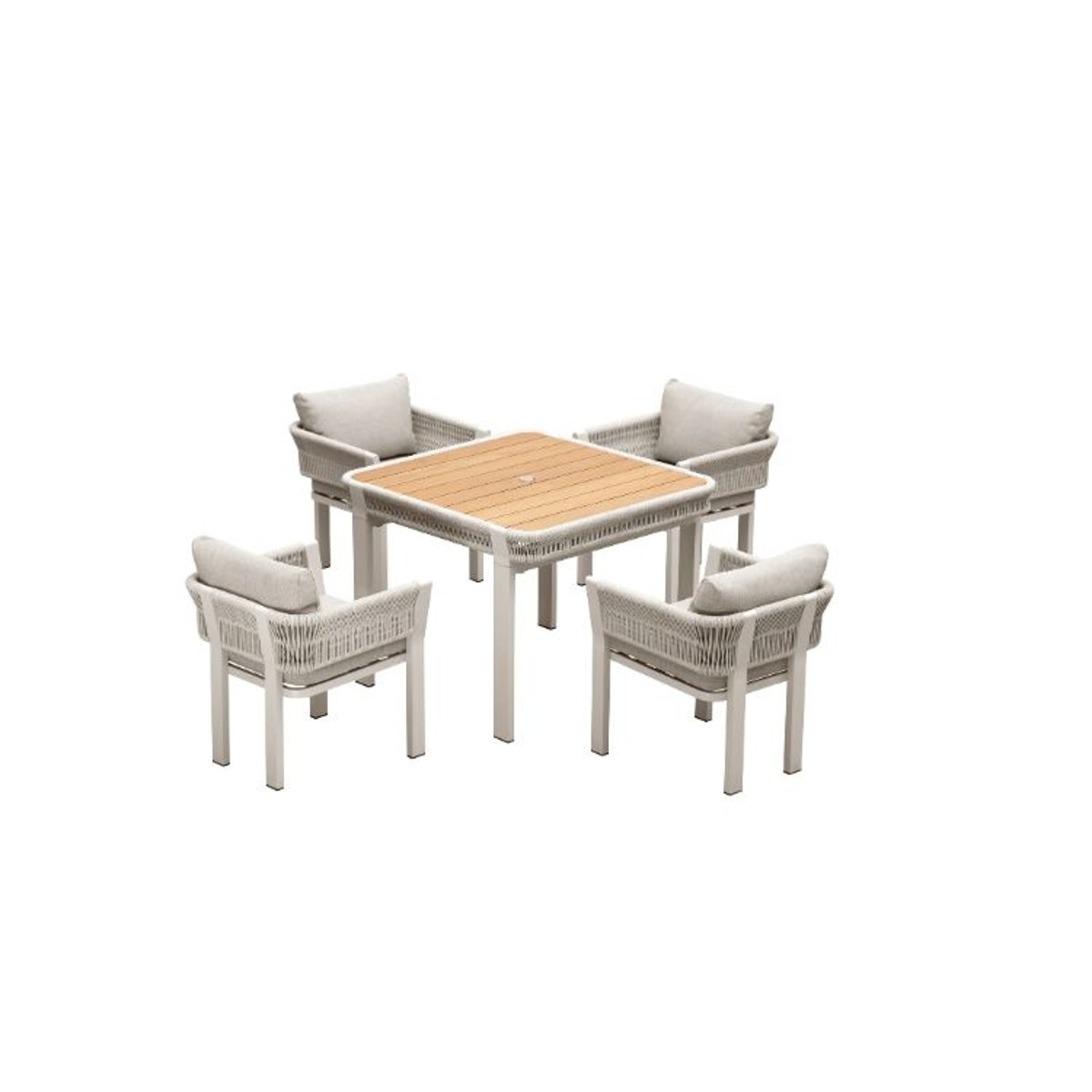 Ensemble repas 4 places jardin en aluminium et corde tressée, OLBY beige laqué poudré, AU JARDIN DE CHLOÉ