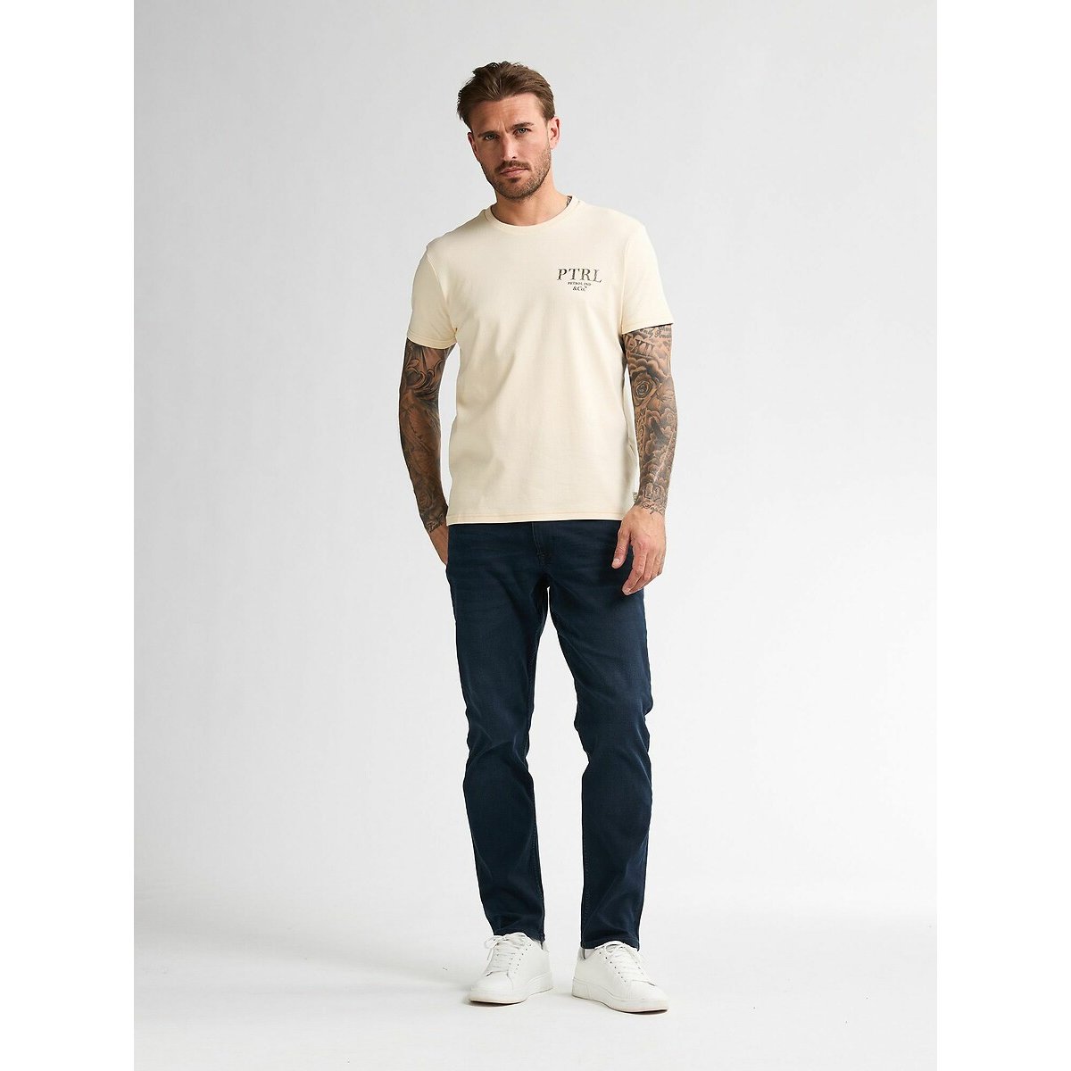 Chest Logo Print T-Shirt with Short Sleeves ecru , PETROL INDUSTRIES