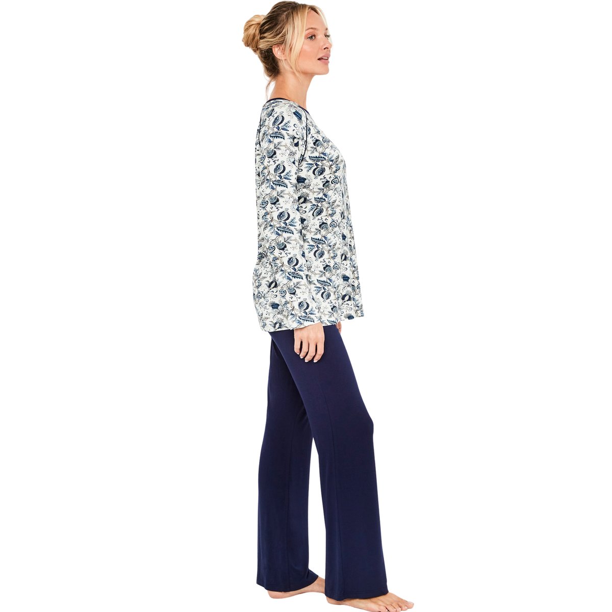 Pyjama pantalon évasé top manches longues Chic Bamboo bleu, SELMARK