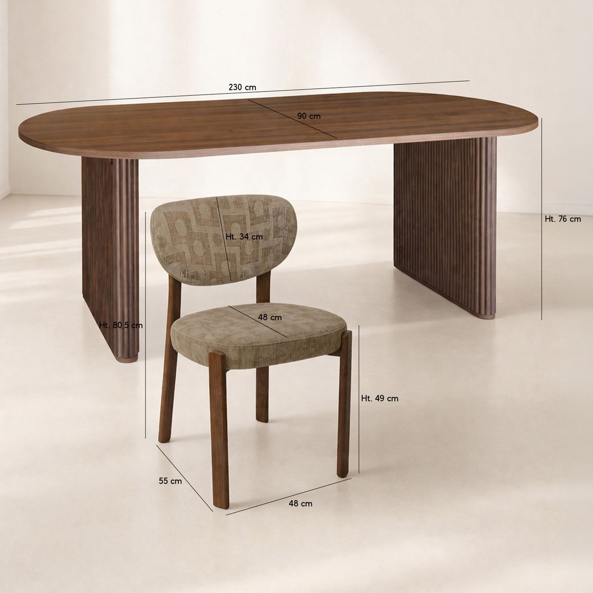 Table ovale 230cm effet noyer et 6 fauteuils en tissu couleur unique, NOW'S HOME